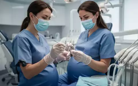 Eine schwangere Frau in Zahnarztkleidung untersucht ein zahnmedizinisches Instrument, was die individuelle Risikoanalyse im Mutterschutz symbolisiert. - Foto: über boerse-global.de
