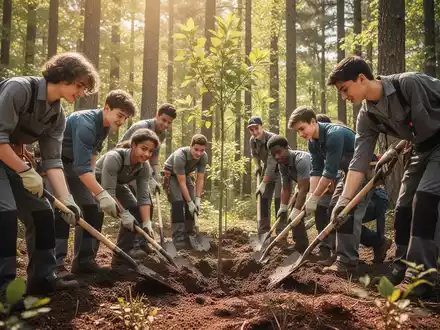 Auszubildende pflanzen Bäume in einem Wald, symbolisierend Gesundheitsförderung und praktische Prävention durch körperliche Aktivität. - Foto: über boerse-global.de