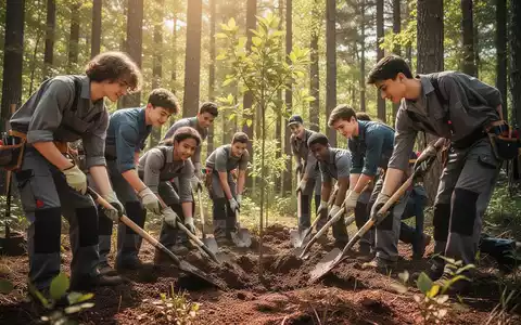 Auszubildende pflanzen Bäume in einem Wald, symbolisierend Gesundheitsförderung und praktische Prävention durch körperliche Aktivität. - Foto: über boerse-global.de