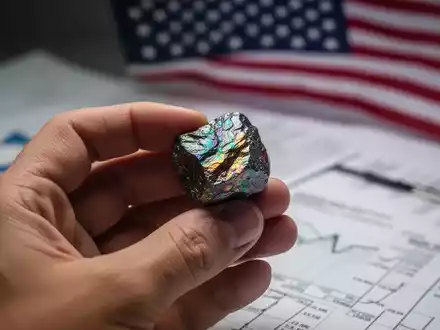 Nahaufnahme einer Hand, die ein seltenes Erdmineral hält, mit unscharfen Finanzdokumenten und US-Flagge im Hintergrund. - Foto: über boerse-global.de