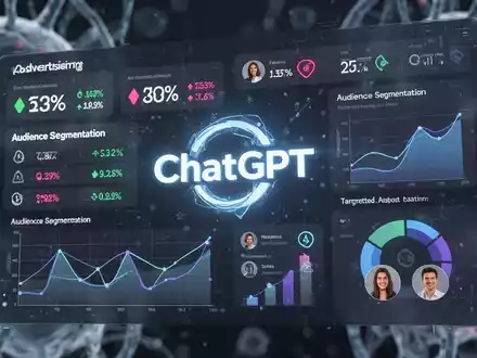 Leuchtendes ChatGPT-Logo umgeben von digitalen Grafiken und Symbolen für Zielgruppen-Targeting, Werbekennzahlen und Datenschutzkontrollen. - Foto: über boerse-global.de