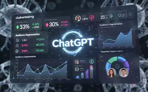 Leuchtendes ChatGPT-Logo umgeben von digitalen Grafiken und Symbolen für Zielgruppen-Targeting, Werbekennzahlen und Datenschutzkontrollen. - Foto: über boerse-global.de