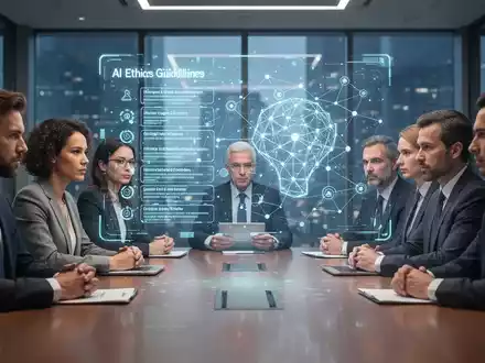 Verschiedene Fachleute in einem modernen Konferenzraum arbeiten an einem holografischen Display mit KI-Ethikrichtlinien. - Foto: über boerse-global.de