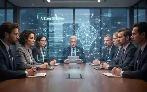 Verschiedene Fachleute in einem modernen Konferenzraum arbeiten an einem holografischen Display mit KI-Ethikrichtlinien. - Foto: über boerse-global.de