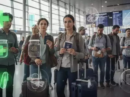 Reisende in einem Flughafen mit Pässen und Gepäck, angedeutete Medikamentensymbole. Fokus auf Medikamentenmanagement auf Reisen. - Foto: über boerse-global.de