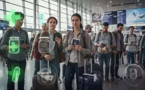 Reisende in einem Flughafen mit Pässen und Gepäck, angedeutete Medikamentensymbole. Fokus auf Medikamentenmanagement auf Reisen. - Foto: über boerse-global.de