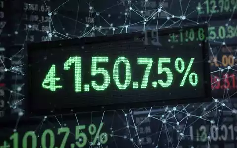 Digitaler Börsenticker zeigt einen prozentualen Gewinn, mit stilisierten Blockchain-Netzwerklinien im Hintergrund. - Foto: über boerse-global.de