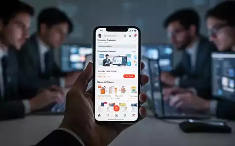 Eine Hand hält ein Smartphone mit einer Online-Marktplatz-Anzeige, im Hintergrund verschwommene Personen an Bildschirmen. - Foto: über boerse-global.de