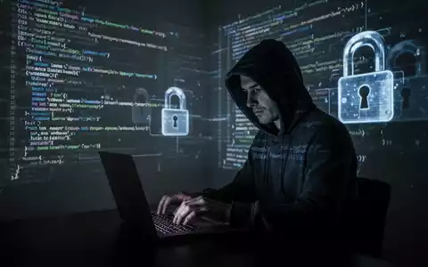Person in Kapuzenjacke tippt auf Laptop, umgeben von leuchtendem digitalem Code und Schlosssymbolen, symbolisiert Datenleck. - Foto: über boerse-global.de