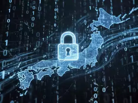 Binärcode über stilisierter Japan-Karte, teilweise verdeckt durch digitales Schloss-Symbol, symbolisiert Datenleck. - Foto: über boerse-global.de