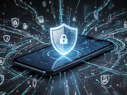 Smartphone mit leuchtendem Schildsymbol auf dem Bildschirm, umgeben von digitalen Sicherheitssymbolen und Datenströmen, symbolisiert mobilen Geräteschutz. - Foto: über boerse-global.de
