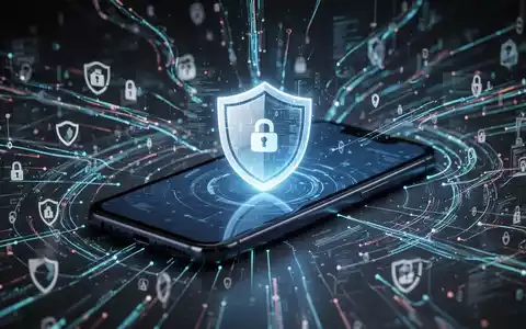 Smartphone mit leuchtendem Schildsymbol auf dem Bildschirm, umgeben von digitalen Sicherheitssymbolen und Datenströmen, symbolisiert mobilen Geräteschutz. - Foto: über boerse-global.de