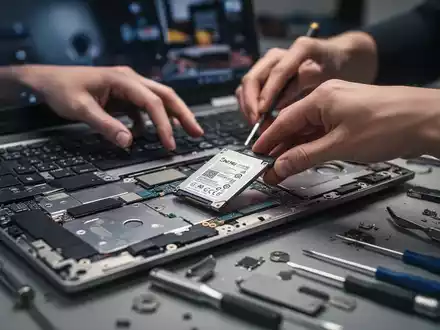 Nahaufnahme von Händen, die eine SSD in ein Laptop einbauen, umgeben von Werkzeugen, zeigt eine DIY-Computeraufrüstung. - Foto: über boerse-global.de