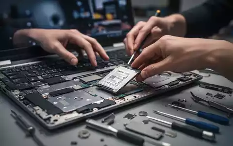 Nahaufnahme von Händen, die eine SSD in ein Laptop einbauen, umgeben von Werkzeugen, zeigt eine DIY-Computeraufrüstung. - Foto: über boerse-global.de
