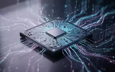 Nahaufnahme eines futuristischen Mikrochips mit komplexer, leuchtender Schaltung auf reflektierender Oberfläche, umgeben von abstrakten digitalen Linien. - Foto: über boerse-global.de