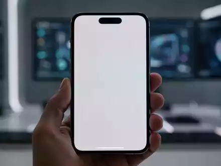 Nahaufnahme eines iPhone 16 Pro Max Bildschirms mit schwachen vertikalen Linien, in einer Hand gehalten, vor unscharfem Tech-Hintergrund. - Foto: über boerse-global.de