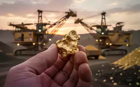 Nahaufnahme einer Hand, die ein glänzendes Goldnugget hält, mit verschwommenem Hintergrund einer Goldmine bei Sonnenuntergang. - Foto: über boerse-global.de
