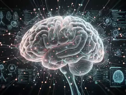 Leuchtendes, stilisiertes menschliches Gehirn mit neuronalen Netzen, überlagert von digitalen Datenströmen und KI-Schnittstellen, Symbol für medizinische KI. - Foto: über boerse-global.de