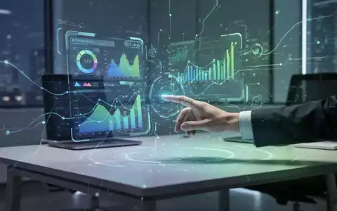 Eine Hand interagiert mit einer holografischen Benutzeroberfläche, die Finanzdaten und Diagramme in einem modernen Büro anzeigt. - Foto: über boerse-global.de