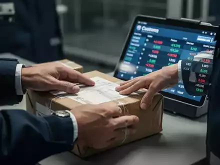 Zollbeamter bearbeitet ein Paket, im Hintergrund ein Tablet mit Finanzdaten. - Foto: über boerse-global.de