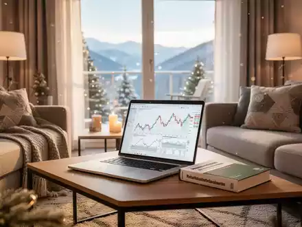 Ein modernes Wohnzimmer einer Ferienwohnung mit einem Laptop, der Finanzdaten anzeigt, und einem Steuerfachbuch, das die steuerliche Relevanz der Vermietung verdeutlicht. - Foto: über boerse-global.de