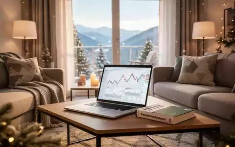 Ein modernes Wohnzimmer einer Ferienwohnung mit einem Laptop, der Finanzdaten anzeigt, und einem Steuerfachbuch, das die steuerliche Relevanz der Vermietung verdeutlicht. - Foto: über boerse-global.de