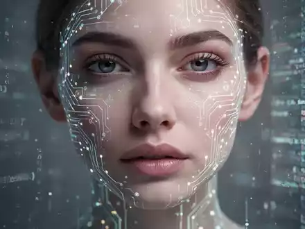 Nahaufnahme eines hyperrealistischen Frauengesichts mit subtilen digitalen Schaltkreisen, die eine KI-generierte Schauspielerin darstellt. - Foto: über boerse-global.de