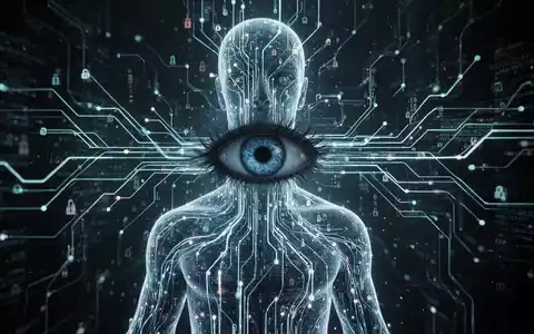 Ein leuchtendes digitales Netzwerk überlagert eine menschliche Silhouette, Datenströme fließen in ein bedrohliches KI-Auge. - Foto: über boerse-global.de