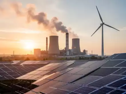Ein modernes Kraftwerk mit Windrädern und Solarpaneelen im Vordergrund bei Sonnenuntergang. - Foto: über boerse-global.de