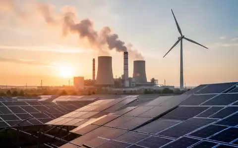 Ein modernes Kraftwerk mit Windrädern und Solarpaneelen im Vordergrund bei Sonnenuntergang. - Foto: über boerse-global.de