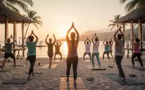 Eine Gruppe Menschen praktiziert Yoga oder leichte Übungen bei Sonnenaufgang an einem Strand oder See, symbolisiert Gesundheitskurse im Urlaub. - Foto: über boerse-global.de