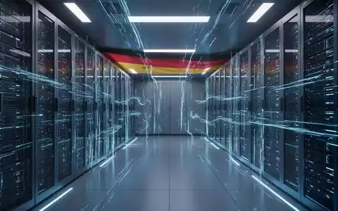 Zukunftsserverraum mit blauen Datenströmen und deutschen Flaggenfarben, symbolisiert KI-Infrastruktur. - Foto: über boerse-global.de