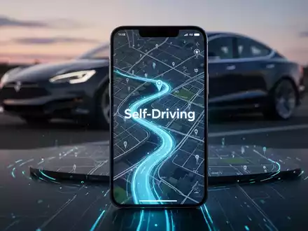 Ein Smartphone zeigt eine Tesla-App mit 'Selbstfahrend'-Status und blauem Navigationspfad. Ein Tesla im Hintergrund unscharf. - Foto: über boerse-global.de