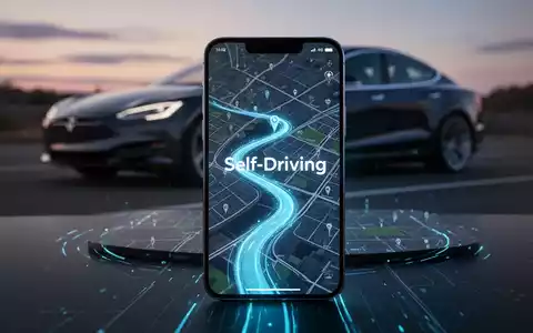 Ein Smartphone zeigt eine Tesla-App mit 'Selbstfahrend'-Status und blauem Navigationspfad. Ein Tesla im Hintergrund unscharf. - Foto: über boerse-global.de