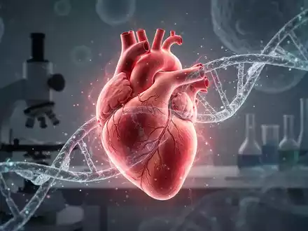 Ein stilisiertes menschliches Herz, das mit abstrakten, leuchtenden DNA-Strängen verwoben ist, um Genetik und Therapie zu symbolisieren. - Foto: über boerse-global.de