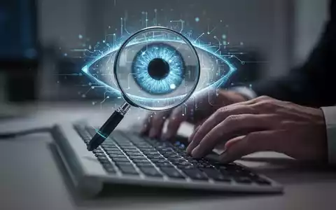 Ein stilisiertes, leuchtendes digitales Auge schwebt über einer verschwommenen Tastatur und Händen, das Überwachung symbolisiert. - Foto: über boerse-global.de