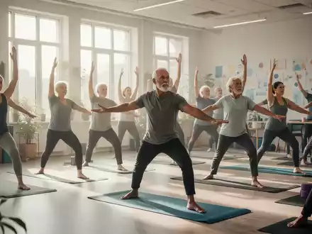 Eine vielfältige Gruppe von Menschen praktiziert Yoga in einem hellen, modernen Kursraum, der Gemeinschaft und Wohlbefinden ausstrahlt. - Foto: über boerse-global.de