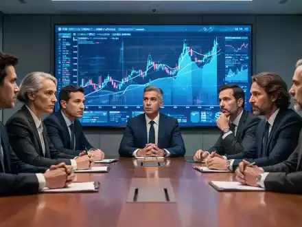 Führungskräfte in einem modernen Sitzungssaal, die eine ernste Diskussion führen, mit Finanzdaten auf einem Bildschirm im Hintergrund. - Foto: über boerse-global.de