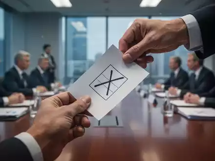 Eine Nahaufnahme einer Hand, die einen Stimmzettel mit einem angekreuzten 'X' hält, vor dem verschwommenen Hintergrund eines Sitzungssaals. - Foto: über boerse-global.de
