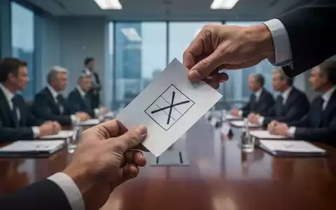 Eine Nahaufnahme einer Hand, die einen Stimmzettel mit einem angekreuzten 'X' hält, vor dem verschwommenen Hintergrund eines Sitzungssaals. - Foto: über boerse-global.de