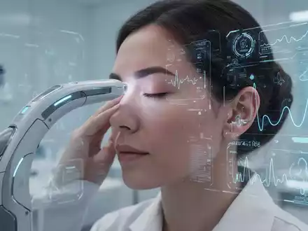 Ein futuristischer medizinischer Sensor berührt sanft die Schläfe einer Person, während eine digitale Schnittstelle Gesundheitsdaten anzeigt. - Foto: über boerse-global.de