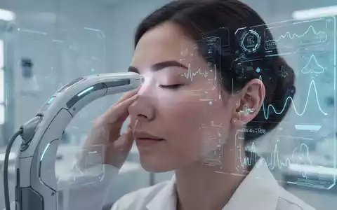 Ein futuristischer medizinischer Sensor berührt sanft die Schläfe einer Person, während eine digitale Schnittstelle Gesundheitsdaten anzeigt. - Foto: über boerse-global.de