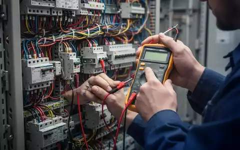 Nahaufnahme der Hände eines Elektrikers, der eine elektrische Anlage mit einem Multimeter prüft, vor unscharfem Hintergrund von Kabeln. - Foto: über boerse-global.de
