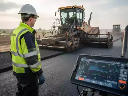 Ein Bauarbeiter in Schutzkleidung überwacht auf einer Baustelle eine Asphaltiermaschine, im Vordergrund ein Tablet mit Daten. - Foto: über boerse-global.de
