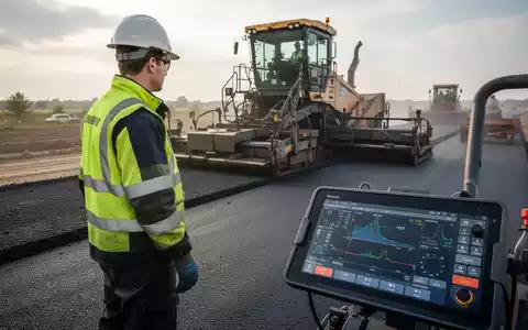 Ein Bauarbeiter in Schutzkleidung überwacht auf einer Baustelle eine Asphaltiermaschine, im Vordergrund ein Tablet mit Daten. - Foto: über boerse-global.de