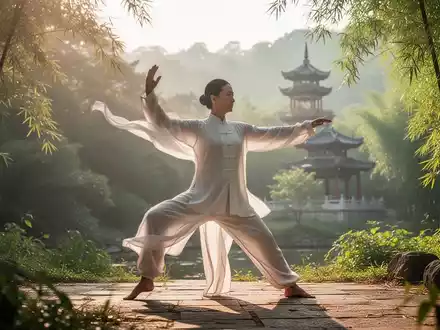 Eine Person führt ruhige Qigong-Bewegungen in einer friedlichen, grünen Naturlandschaft aus, symbolisch für Gesundheit und Wohlbefinden. - Foto: über boerse-global.de