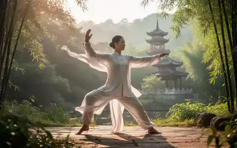 Eine Person führt ruhige Qigong-Bewegungen in einer friedlichen, grünen Naturlandschaft aus, symbolisch für Gesundheit und Wohlbefinden. - Foto: über boerse-global.de