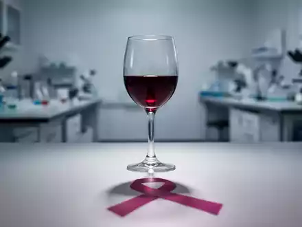 Ein stilisiertes Glas Rotwein, dessen Schatten subtil die Form einer Brustkrebs-Sensibilisierungsschleife annimmt, in einem medizinischen Umfeld. - Foto: über boerse-global.de