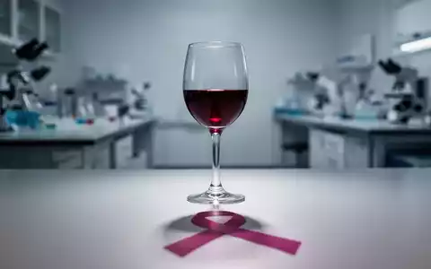 Ein stilisiertes Glas Rotwein, dessen Schatten subtil die Form einer Brustkrebs-Sensibilisierungsschleife annimmt, in einem medizinischen Umfeld. - Foto: über boerse-global.de