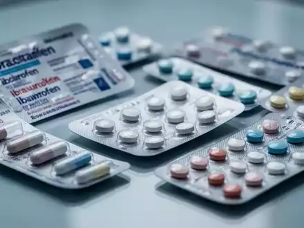 Nahaufnahme von Blisterpackungen mit Schmerzmitteln wie Ibuprofen und Paracetamol auf einer reflektierenden Oberfläche. - Foto: über boerse-global.de